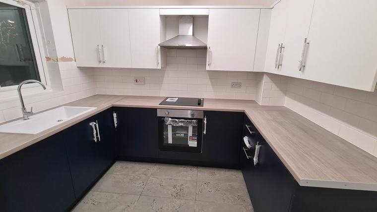 Navy and white U-shaped kitchen